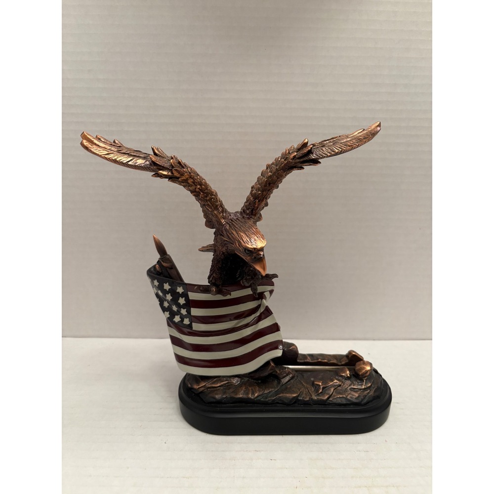 Bronze Tone American Bald Eagle Flag Figurine Desk Pen Letter Holder Sculpture